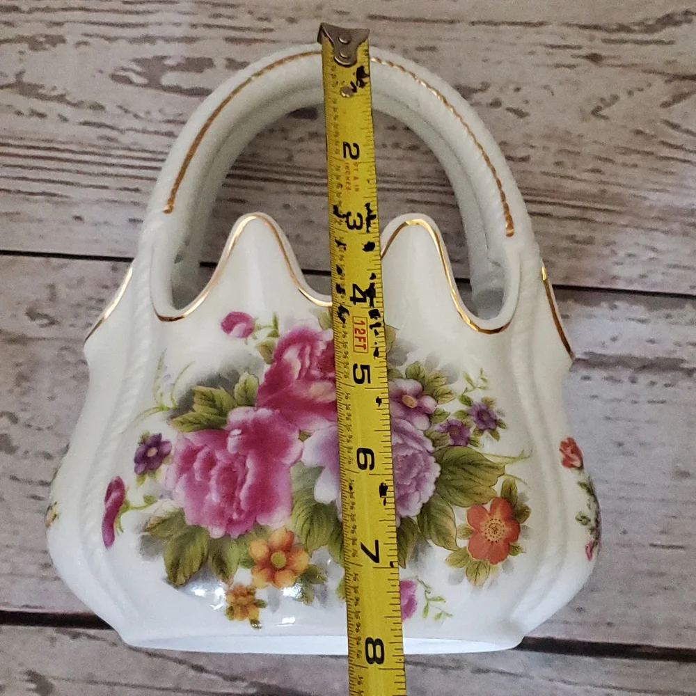 Vintage porcelain basket with flowers on it white, pink, purple, green